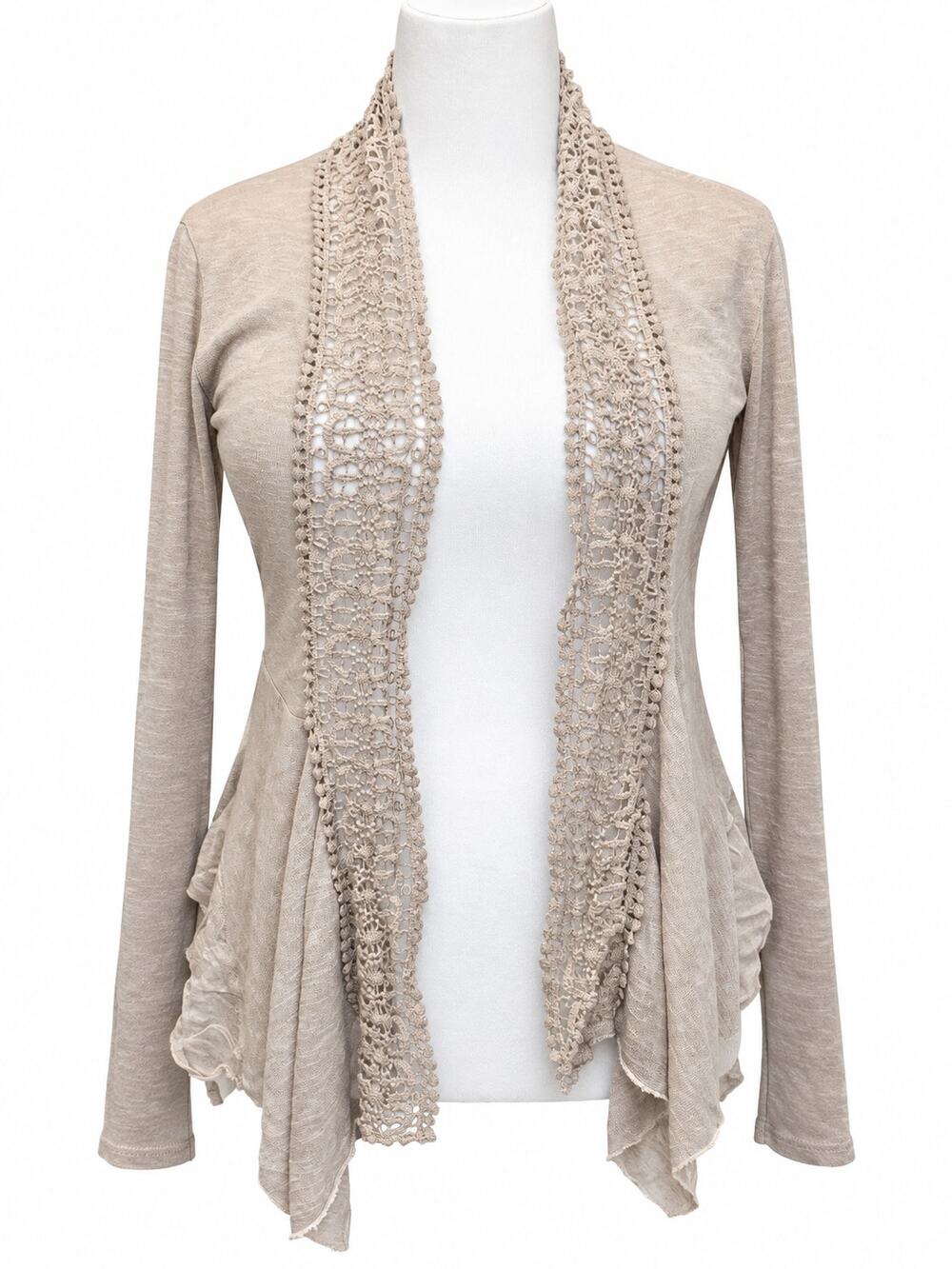 Elena Baldi Made in Italy Beige Lace Trim Mixed Media Cardigan M